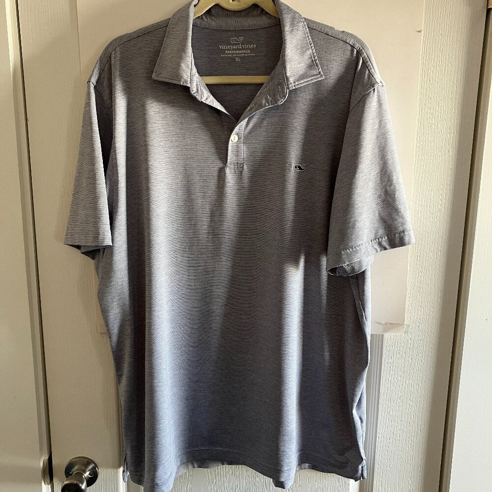 Vineyard Vines Performance Polo Shirt Mens XL Gray & White Striped Golf Shirt.